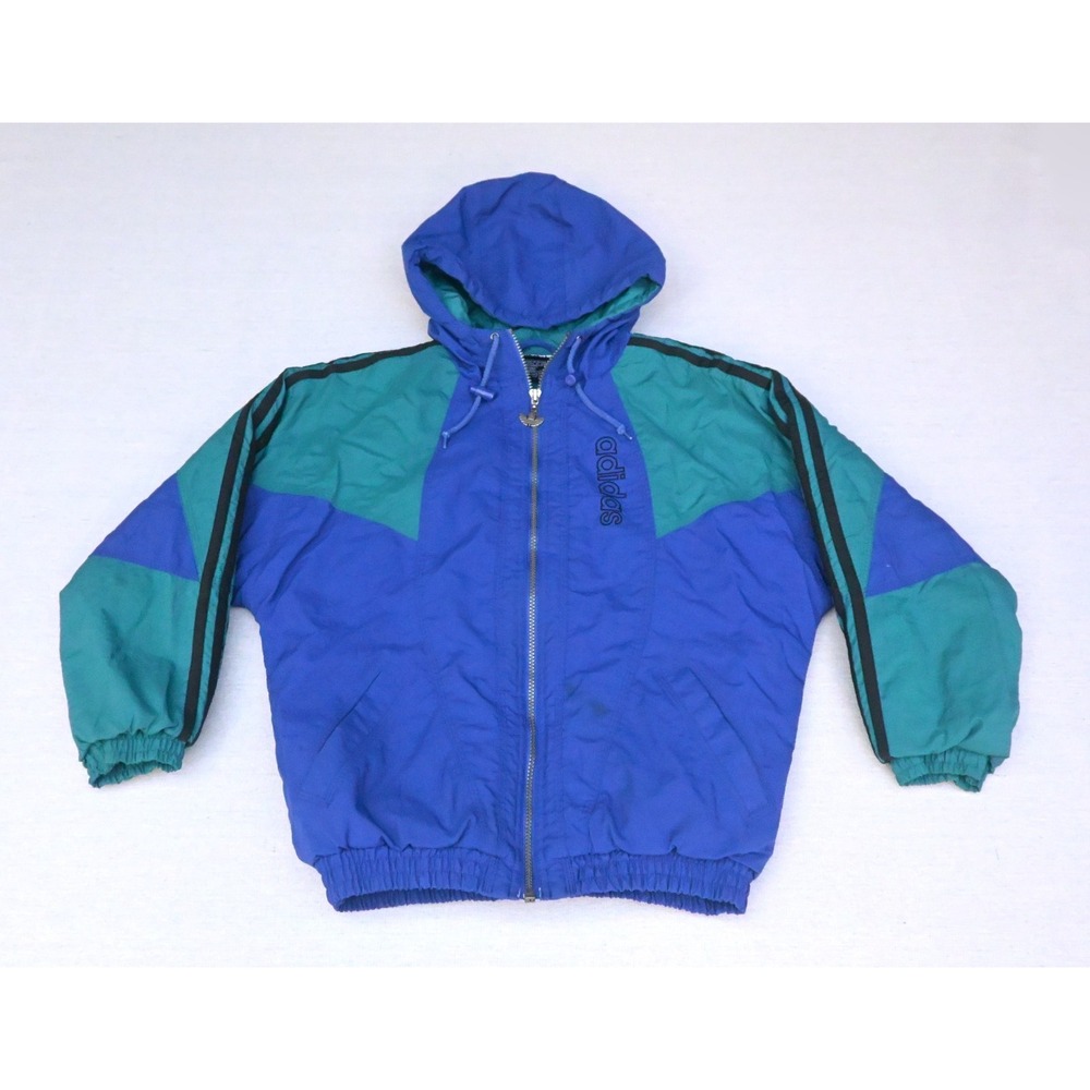 Adidas Vintage 90s Size L Hooded Puffer Jacket Blue Teal Colorblock Trefoil Zip
